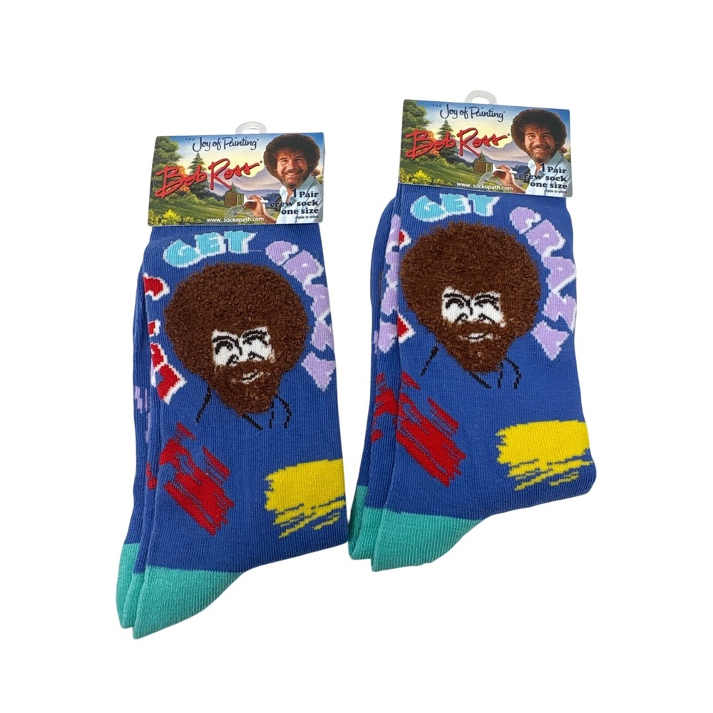 Bob Ross Get Crazy Crew Socks 2 Pairs Blue Fuzzy Afro Novelty Art One Size NEW
